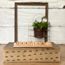 Load image into Gallery viewer, CUSTOM BABY NAME AND BIRTHDAY Vintage Scrabble Sign