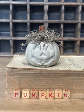Load image into Gallery viewer, Concrete Spanish Moss and Cinnamon Stick Jack O lantern Pumpkin