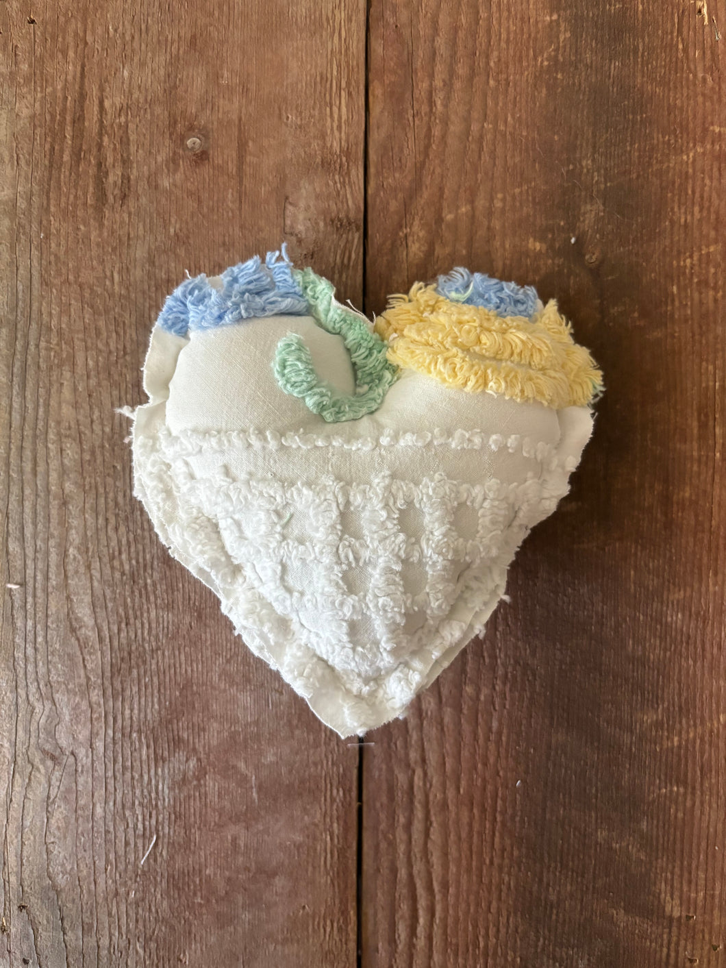 Vintage White, Green, yellow and Blue Chenille heart