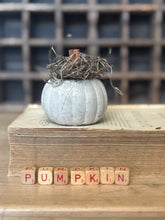 Load image into Gallery viewer, Concrete Spanish Moss and Cinnamon Stick Jack O lantern Pumpkin
