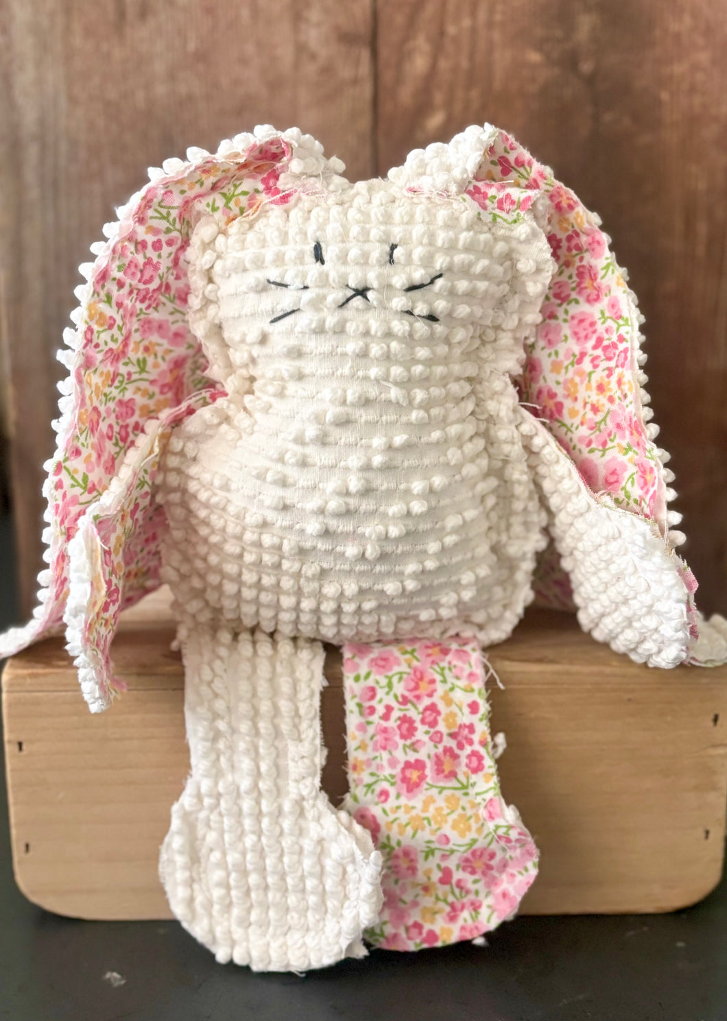 Vintage white Bates Hobnail and Pink Floral Bunny