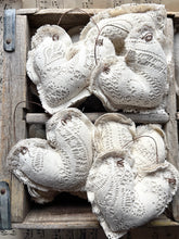 Load image into Gallery viewer, Vintage Lace and Drop Cloth Heart with Hanger
