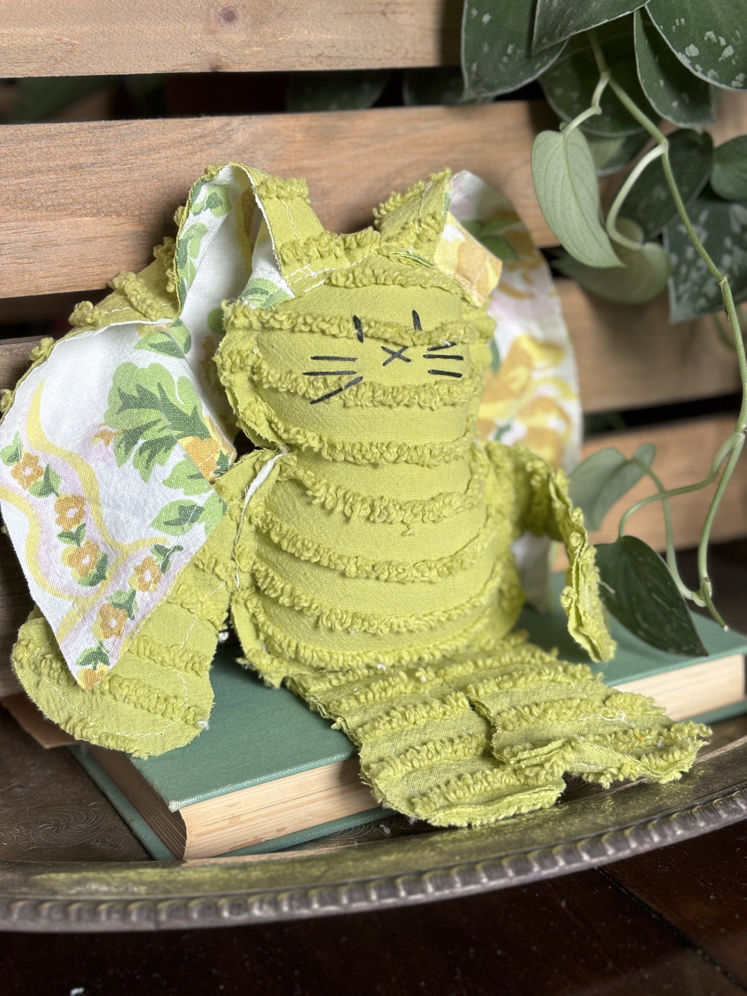Vintage Avocado Green Chenille and Vintage Fabric Bunny