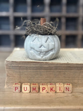 Load image into Gallery viewer, Concrete Spanish Moss and Cinnamon Stick Jack O lantern Pumpkin
