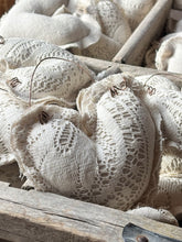 Load image into Gallery viewer, Vintage Lace and Drop Cloth Heart with Hanger

