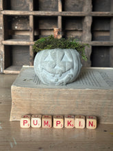 Load image into Gallery viewer, Concrete Moss and Twig Jack O lantern Pumpkin
