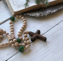 Load image into Gallery viewer, Small Natural Wood and Handmade Green Glass Bead Rosary
