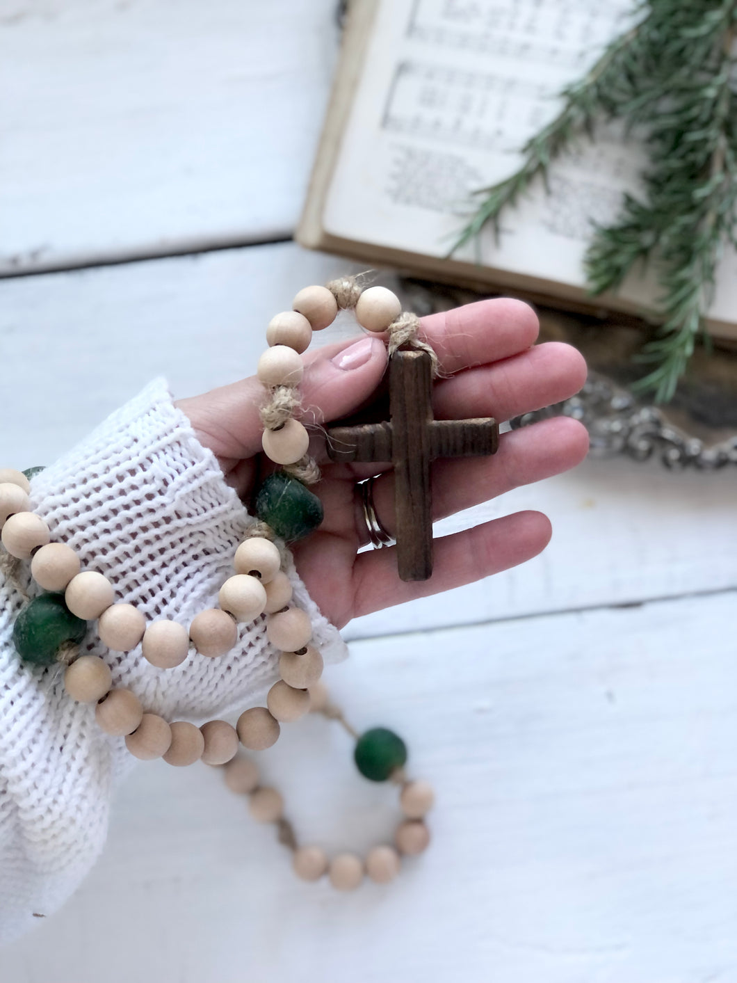 Small Natural Wood and Handmade Green Glass Bead Rosary