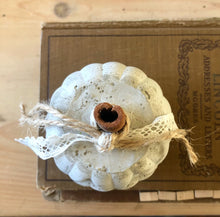 Load image into Gallery viewer, Cinnamon Stick and Vintage Lace Concrete Pumpkin
