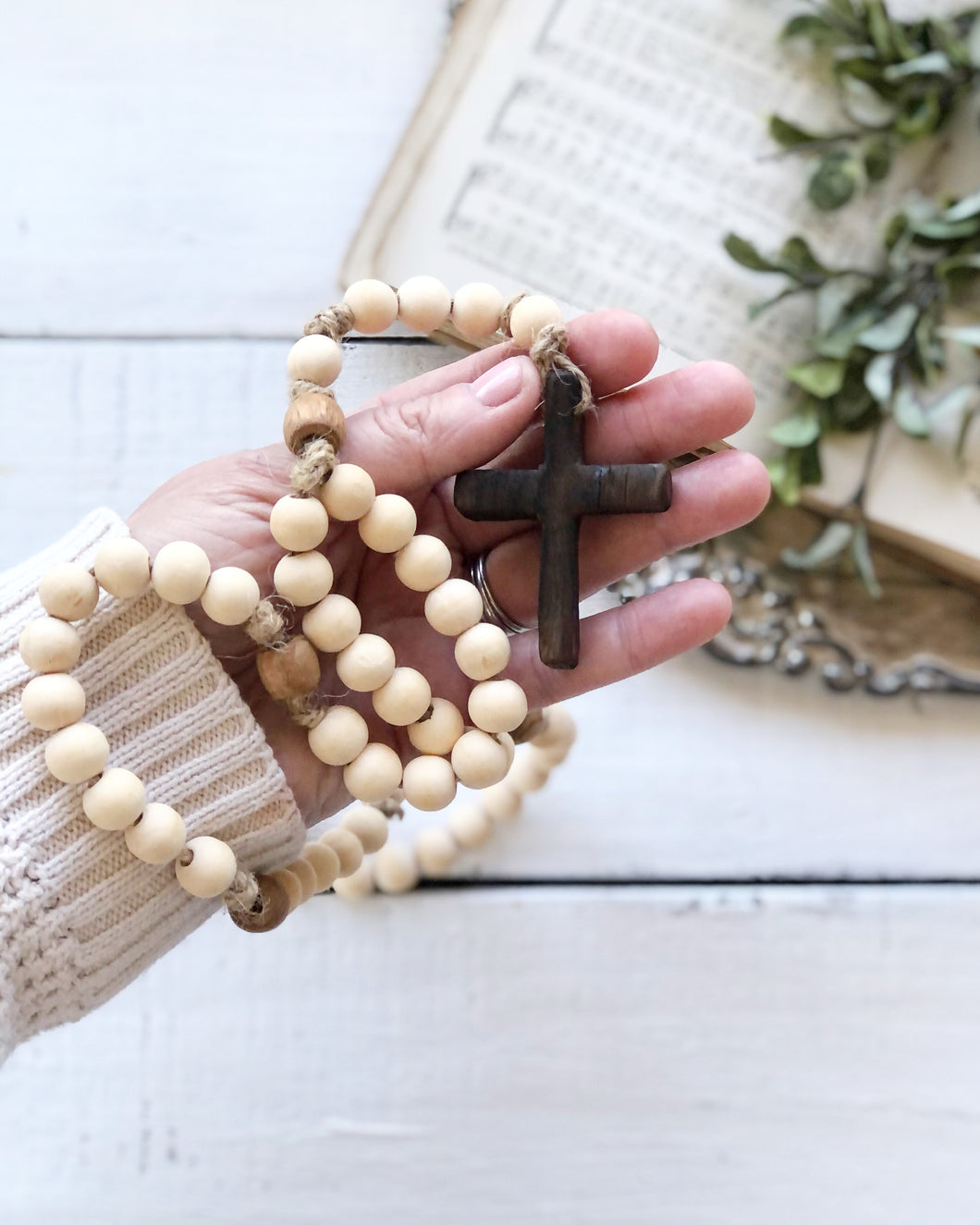 Small Natural Wood and Vintage Bead Rosary