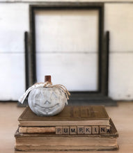 Load image into Gallery viewer, Cinnamon Stick and Vintage Lace Concrete Pumpkin
